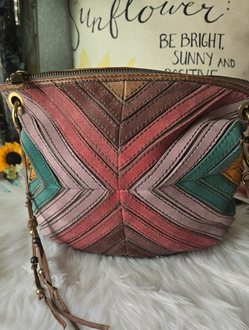 Fossil Boho Hobo Chevron Suede And Leather  Crossbody Bag - Multicolor